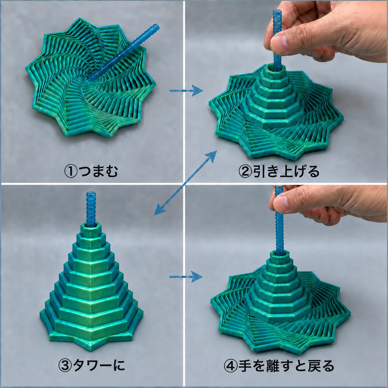引っぱるだけで、平らな渦巻きがくるくるタワーに変身。