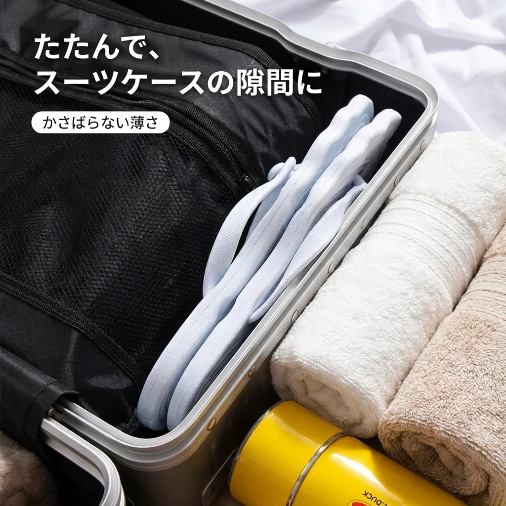 薄くたたんでスーツケースの隙間に収まった折りたたみサンダル