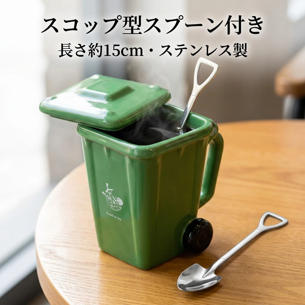 ステンレス製のスコップ型スプーンを差したゴミ箱型マグ