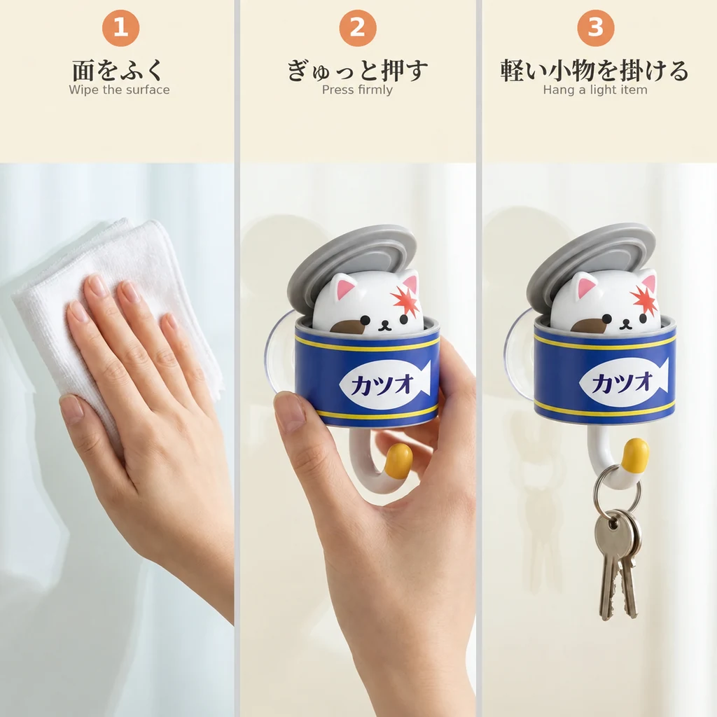 3ステップの貼り方。①面をふく ②吸盤をぎゅっと押す ③軽い小物（鍵）を掛ける。ガラス面で。