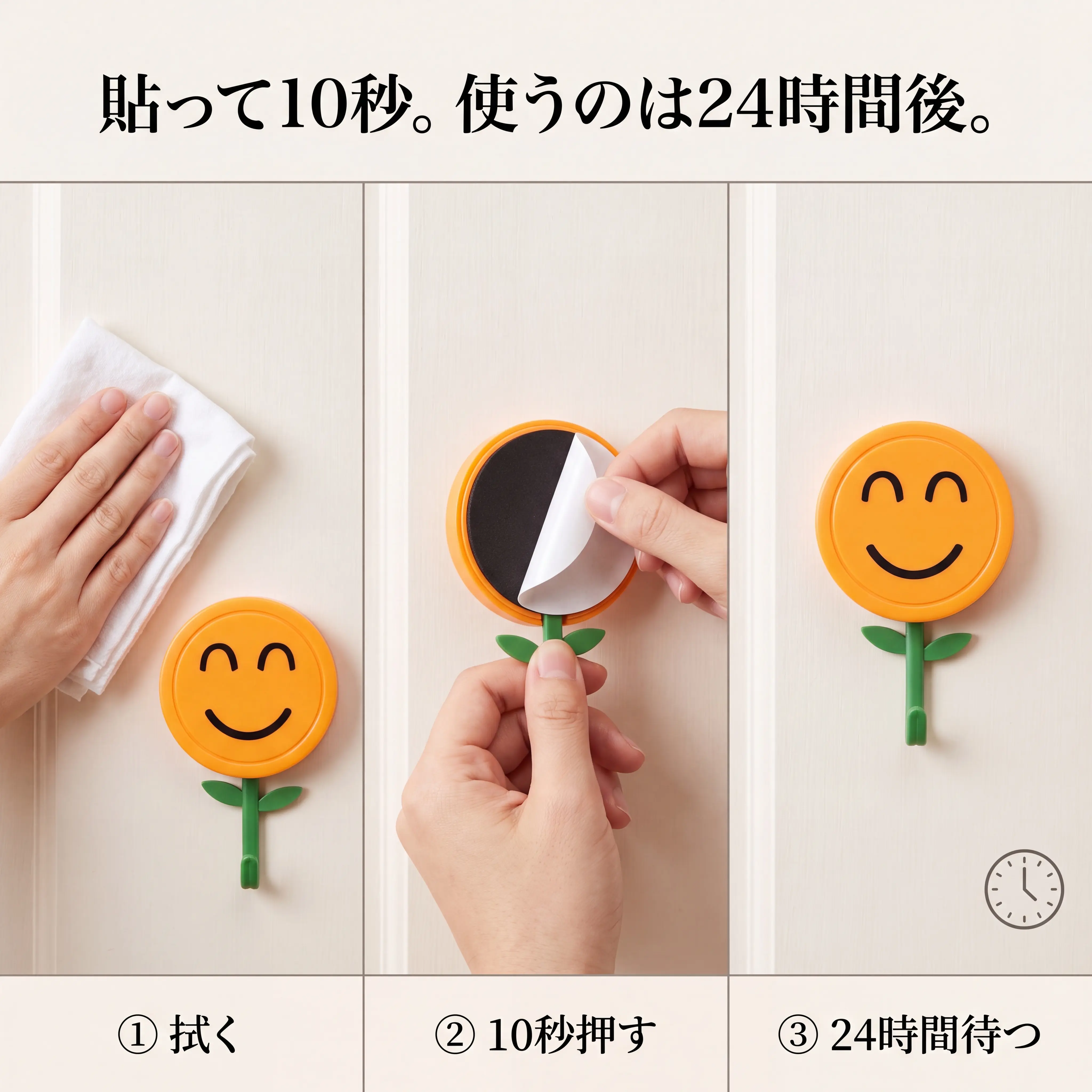 取り付け3ステップ。拭く、10秒押しつける、24時間待つ