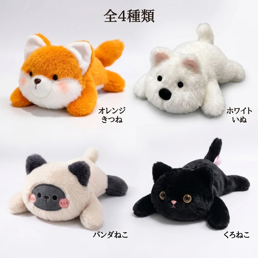 全4種類のぬいぐるみを横一列に並べた俯瞰カット