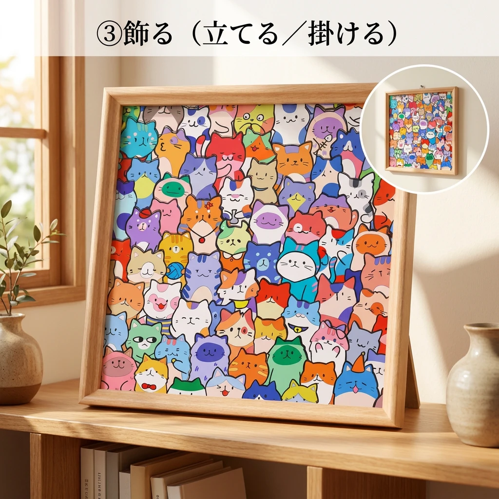 机に立てて飾ったねこのアート