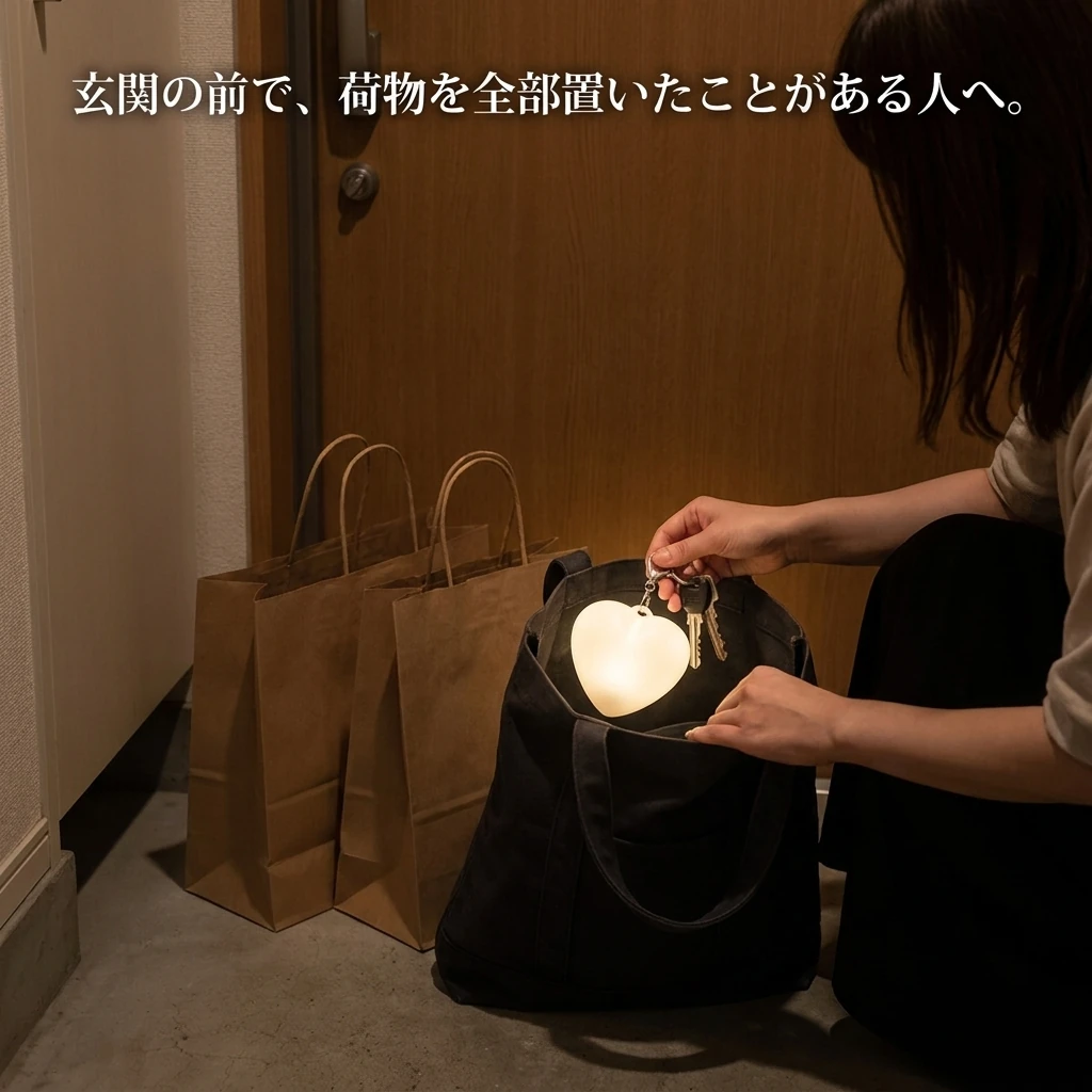 夜の玄関先で荷物を置き、暗いトートバッグの中を探している様子