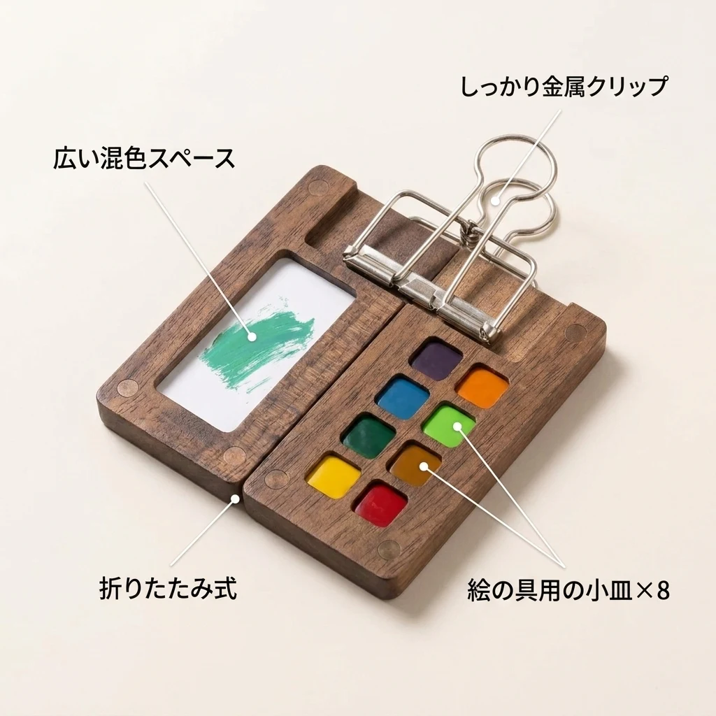 木製パレットの小皿と白い混色スペース
