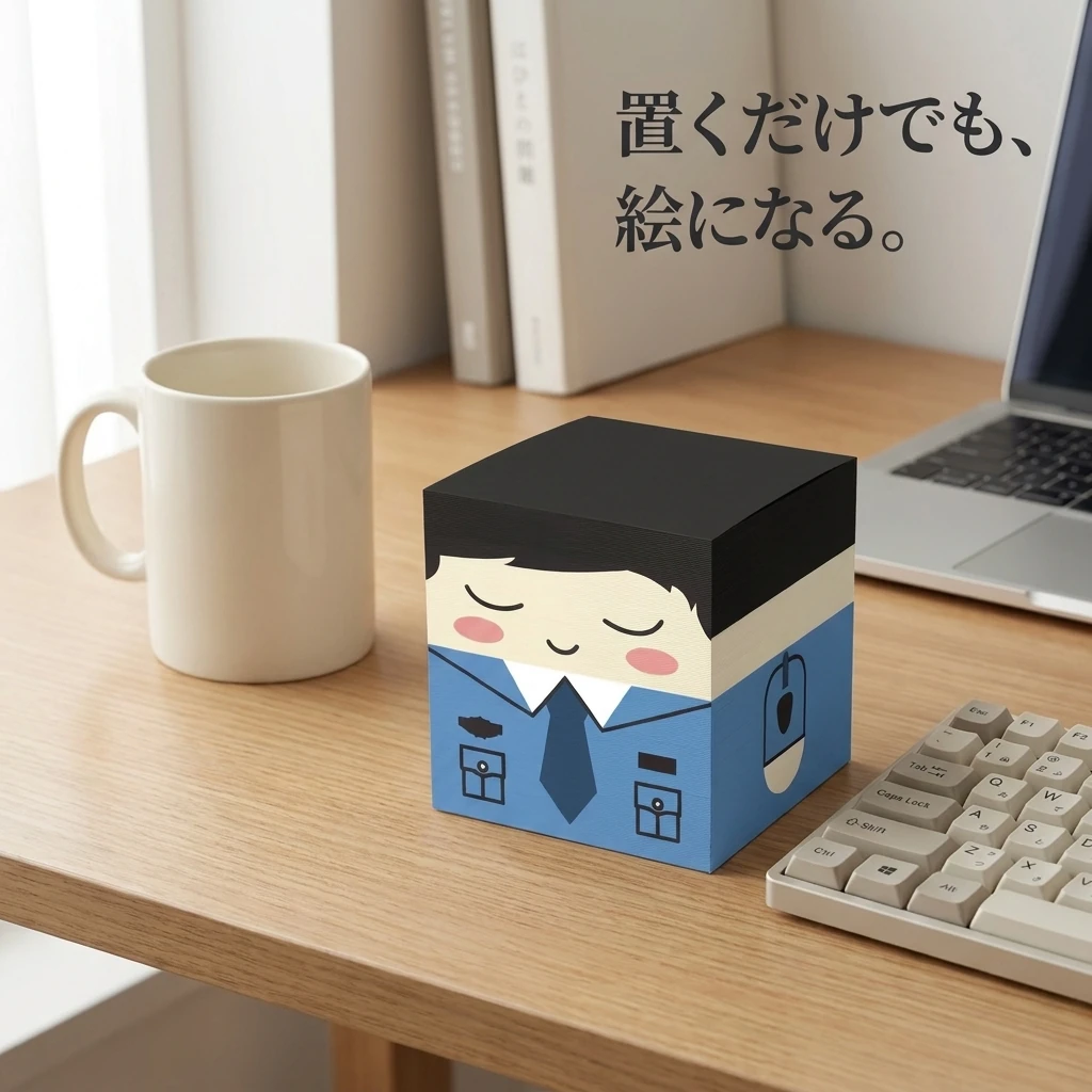 キーボードやマグカップの横に置かれたキューブメモ