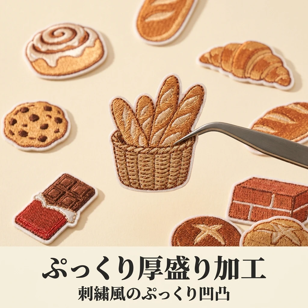 立体パーツのマクロ接写。白インクで盛り上がった厚みが分かる横からの光