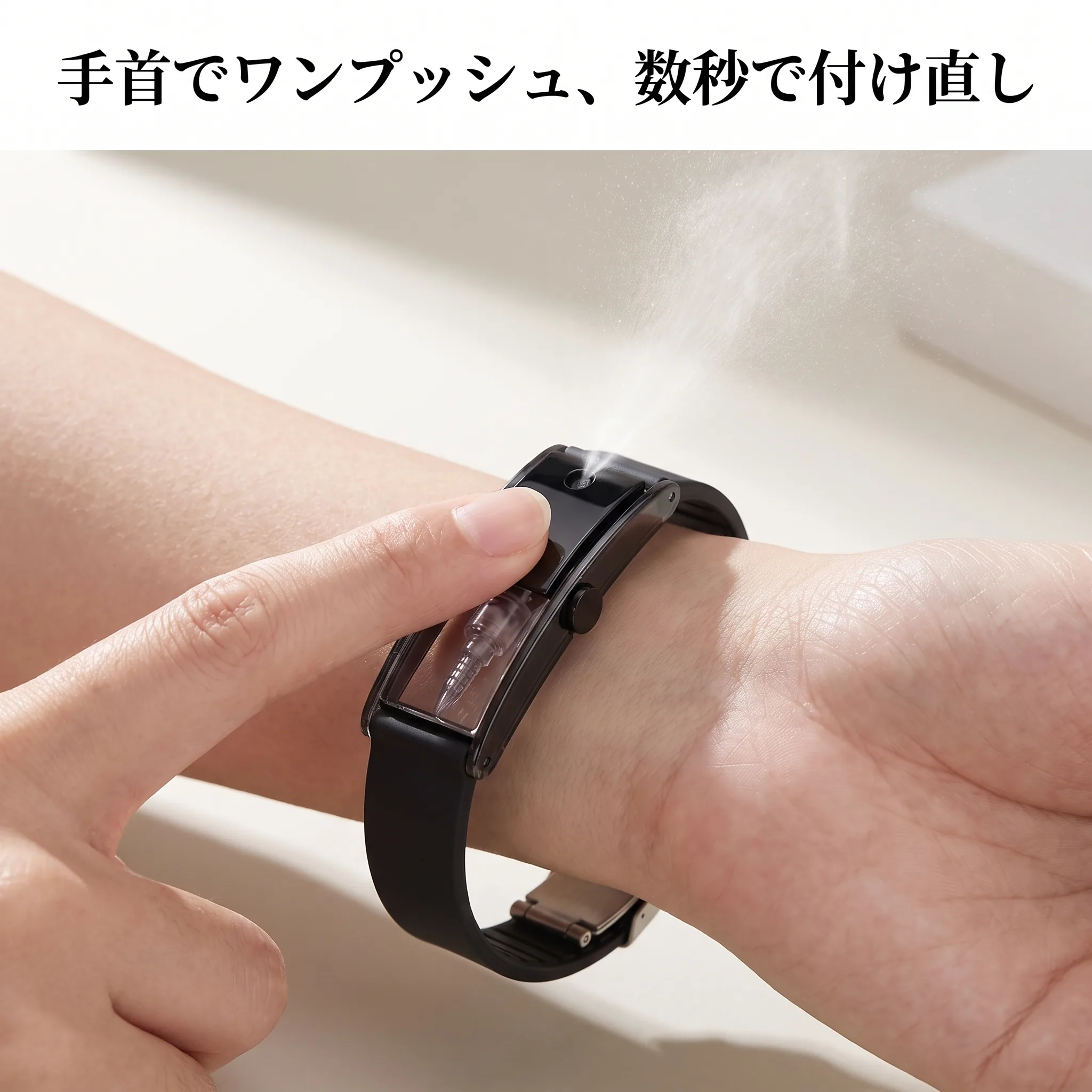 手首のモジュールを押してミストを吹きかける様子