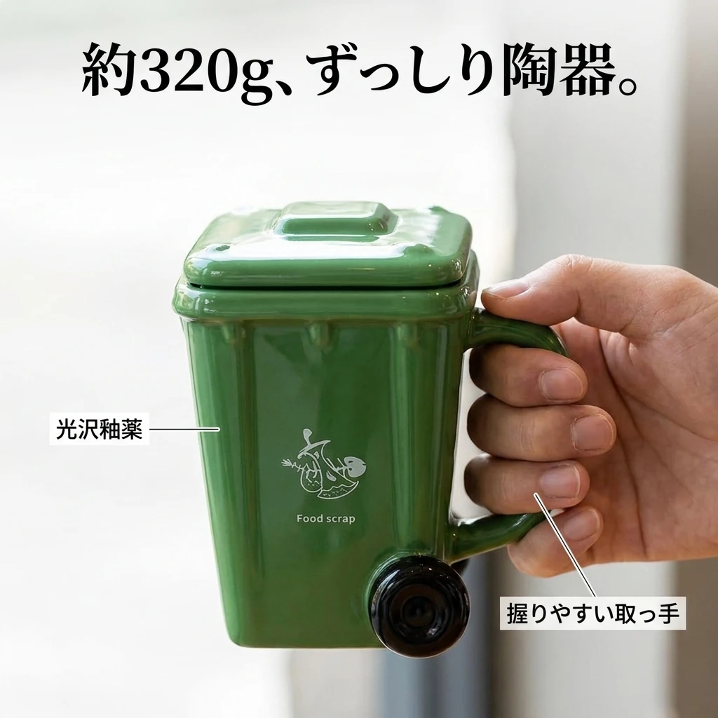 手に持ったゴミ箱型マグの寄り。釉薬の艶と厚み、取っ手のディテール