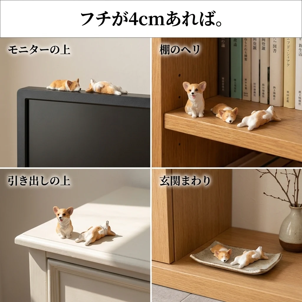 モニターの上フチ、棚のヘリ、引き出しの上、玄関まわりに置いたコーギー置物