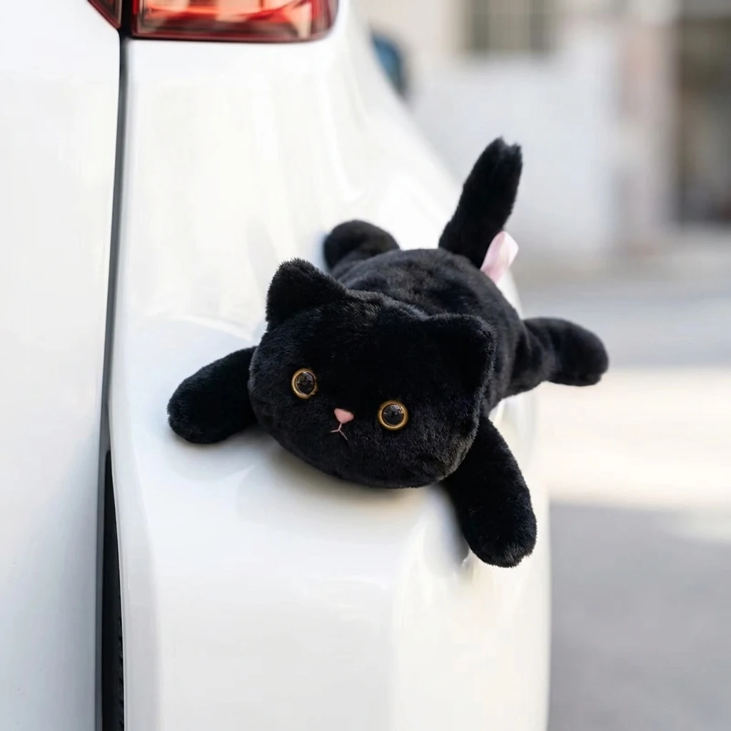 白い車の垂直なパネルに吸着したくろねこのぬいぐるみ