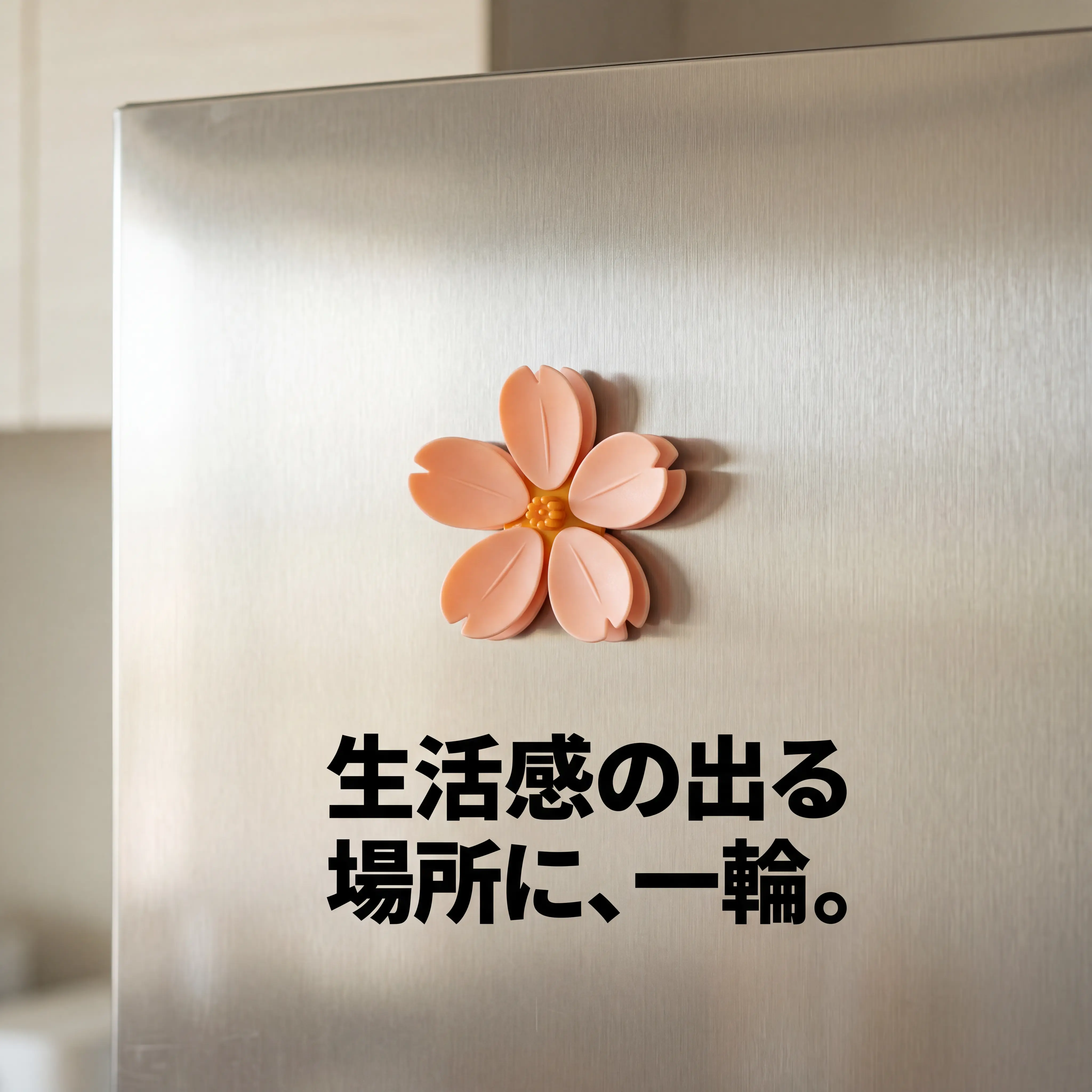 スチール製の冷蔵庫のドアに、サクラピンクの桜を一輪だけ貼ったところ