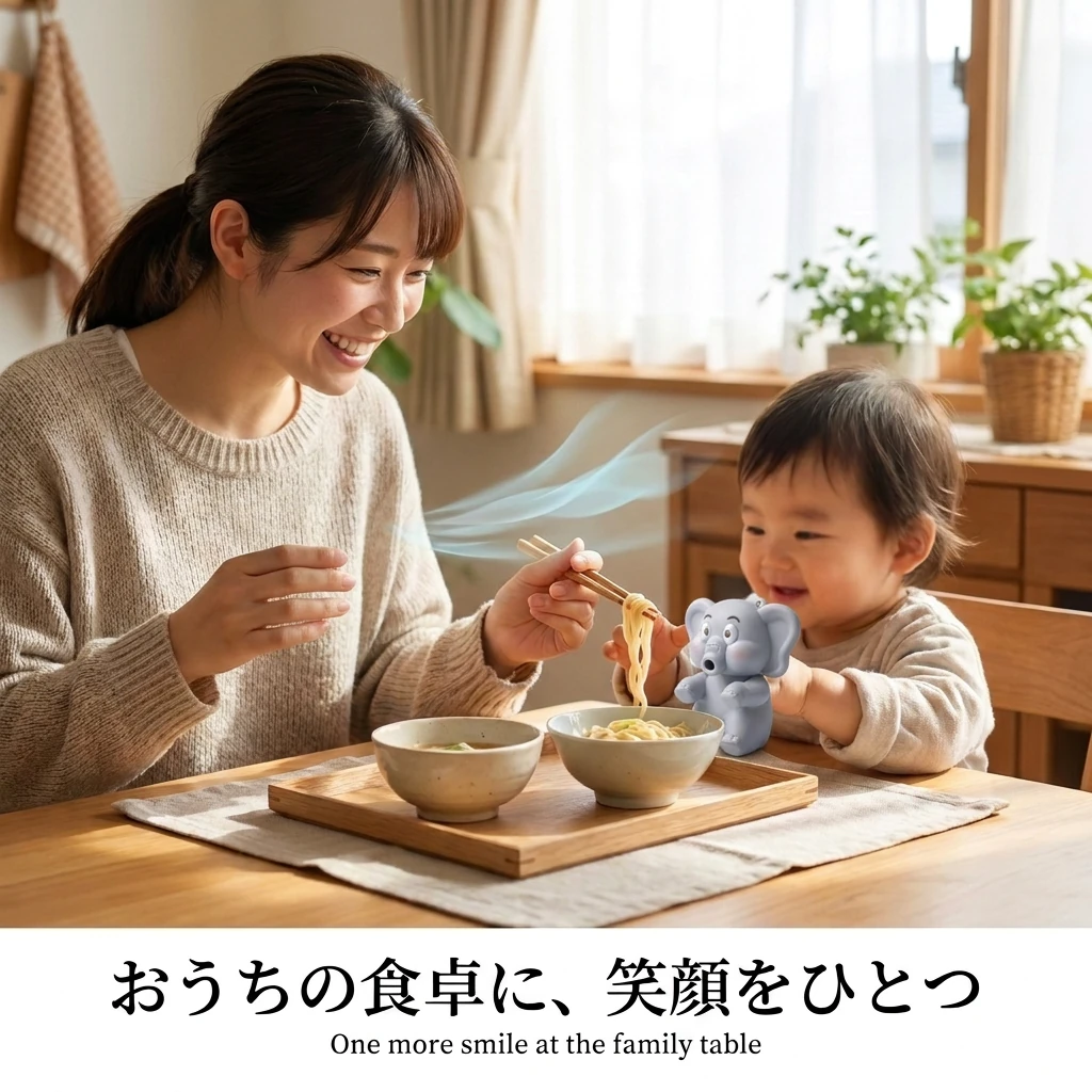 日本の家庭の食卓で親子が動物さんのミニファンを使う様子