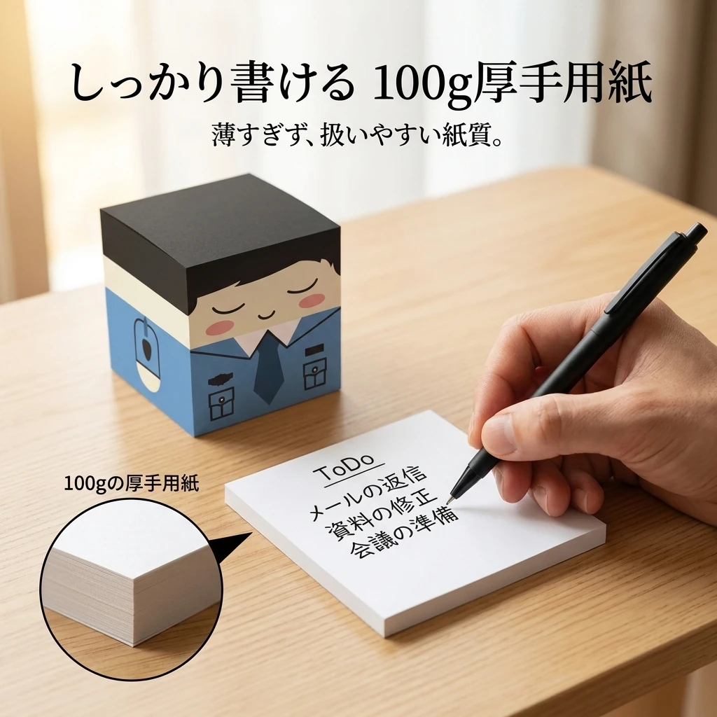 手がメモを1枚めくり上げ、白い面にボールペンで書き込んでいる接写