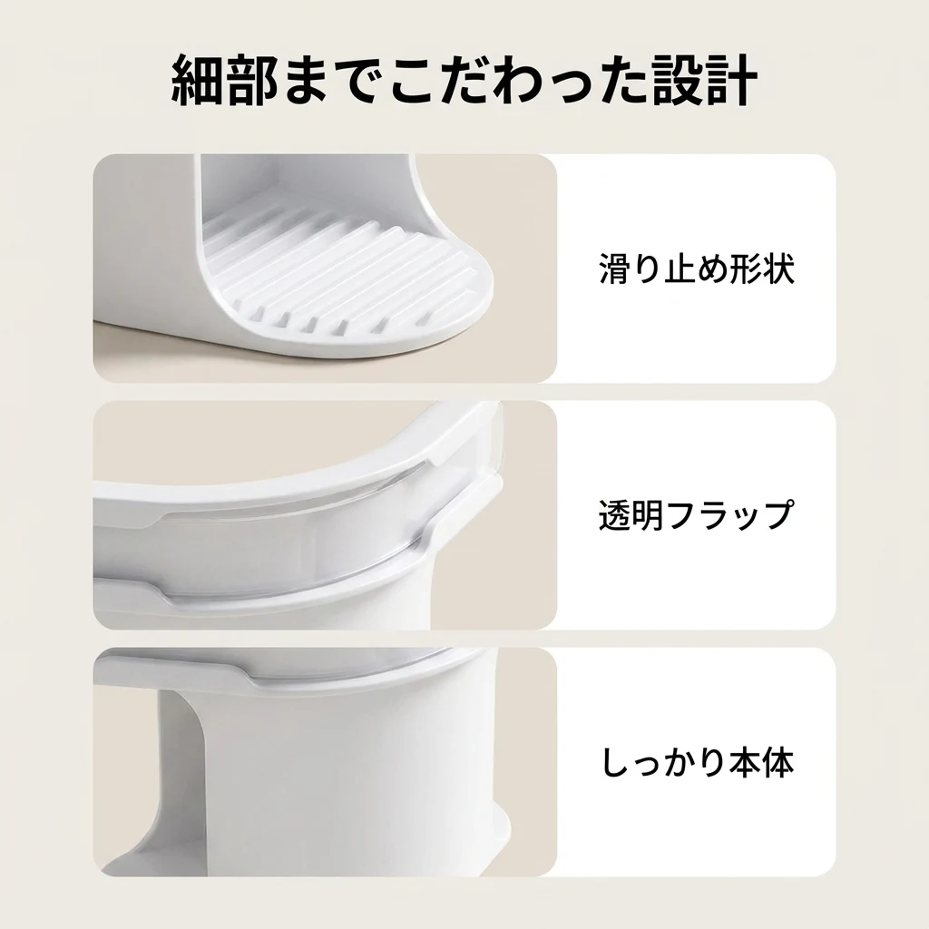 滑り止め形状と透明フラップの各部詳細