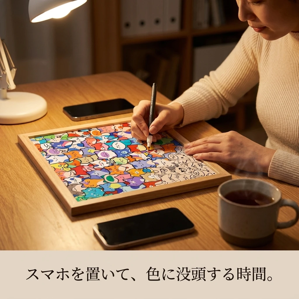 ランプの下でねこを塗る手元