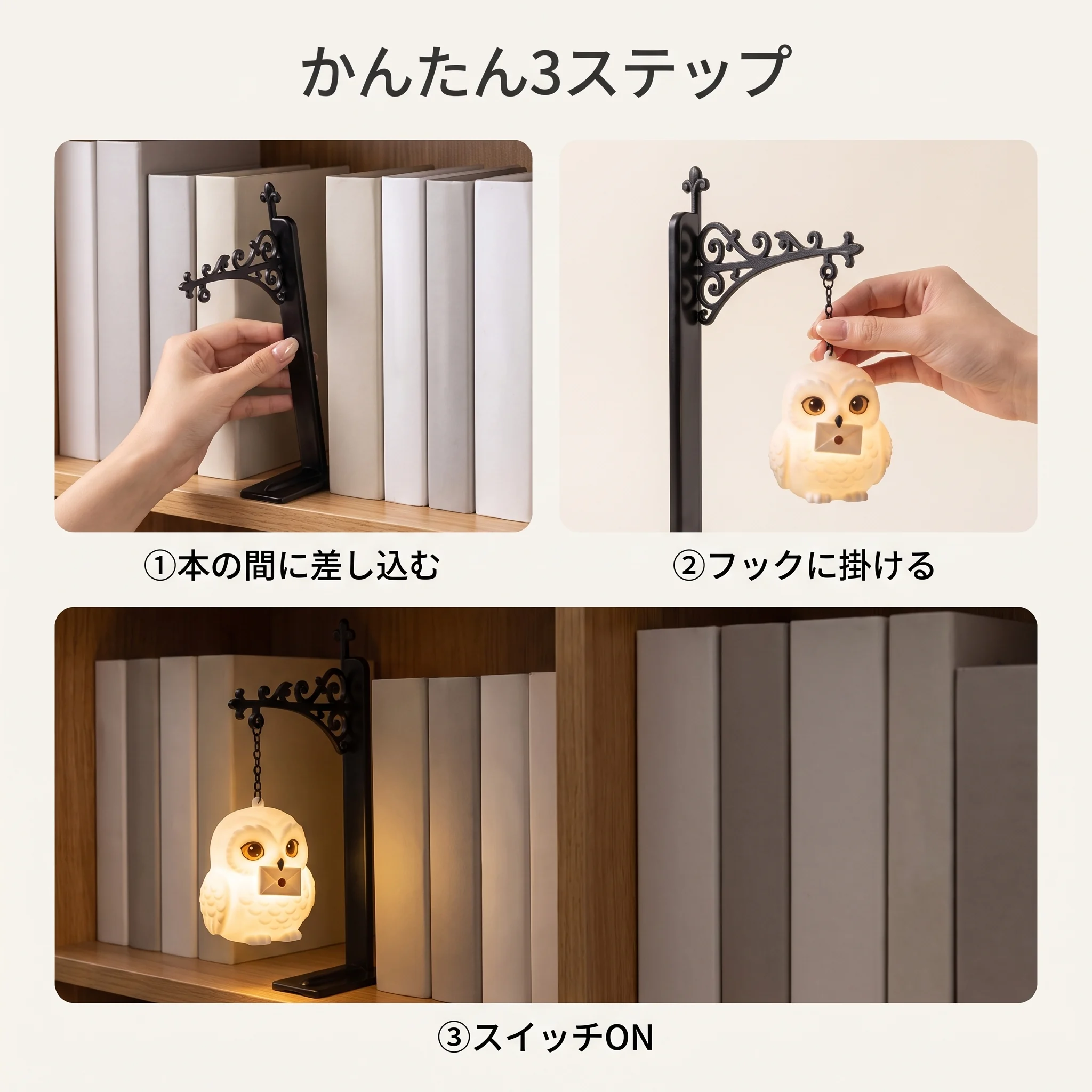 本の間に差し込むかんたん3ステップの設置方法