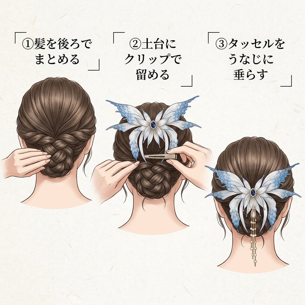 まとめ髪の後ろにクリップで留めた蝶の羽の髪飾り