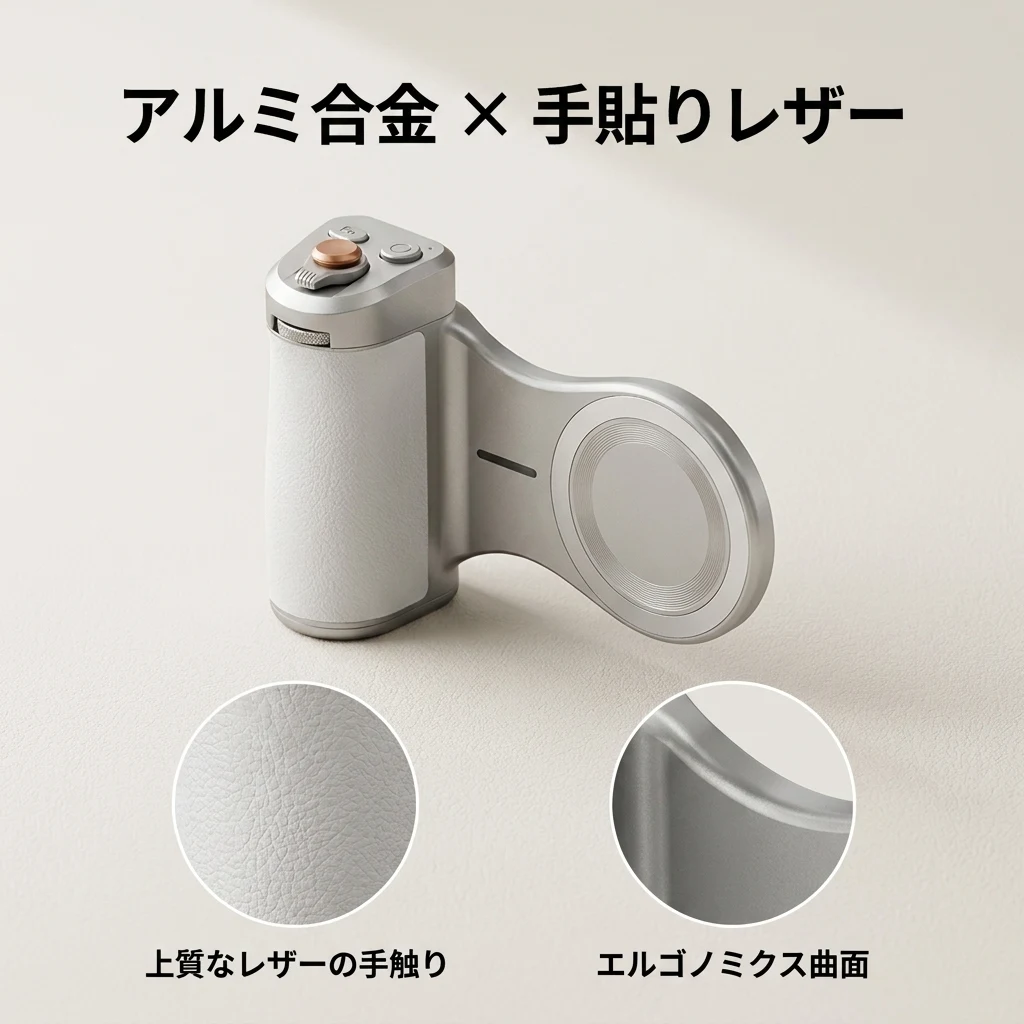 白い手貼りレザーとアルミ合金ボディの質感マクロ