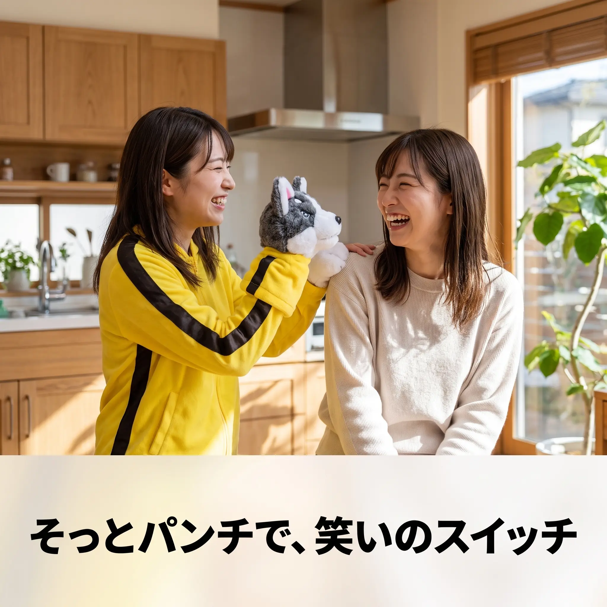 家族や友人がパペットで笑い合う様子