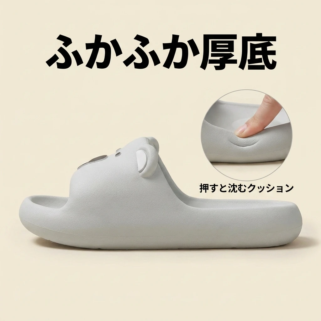厚底の側面プロファイルと、指で押して沈むクッションのアップ