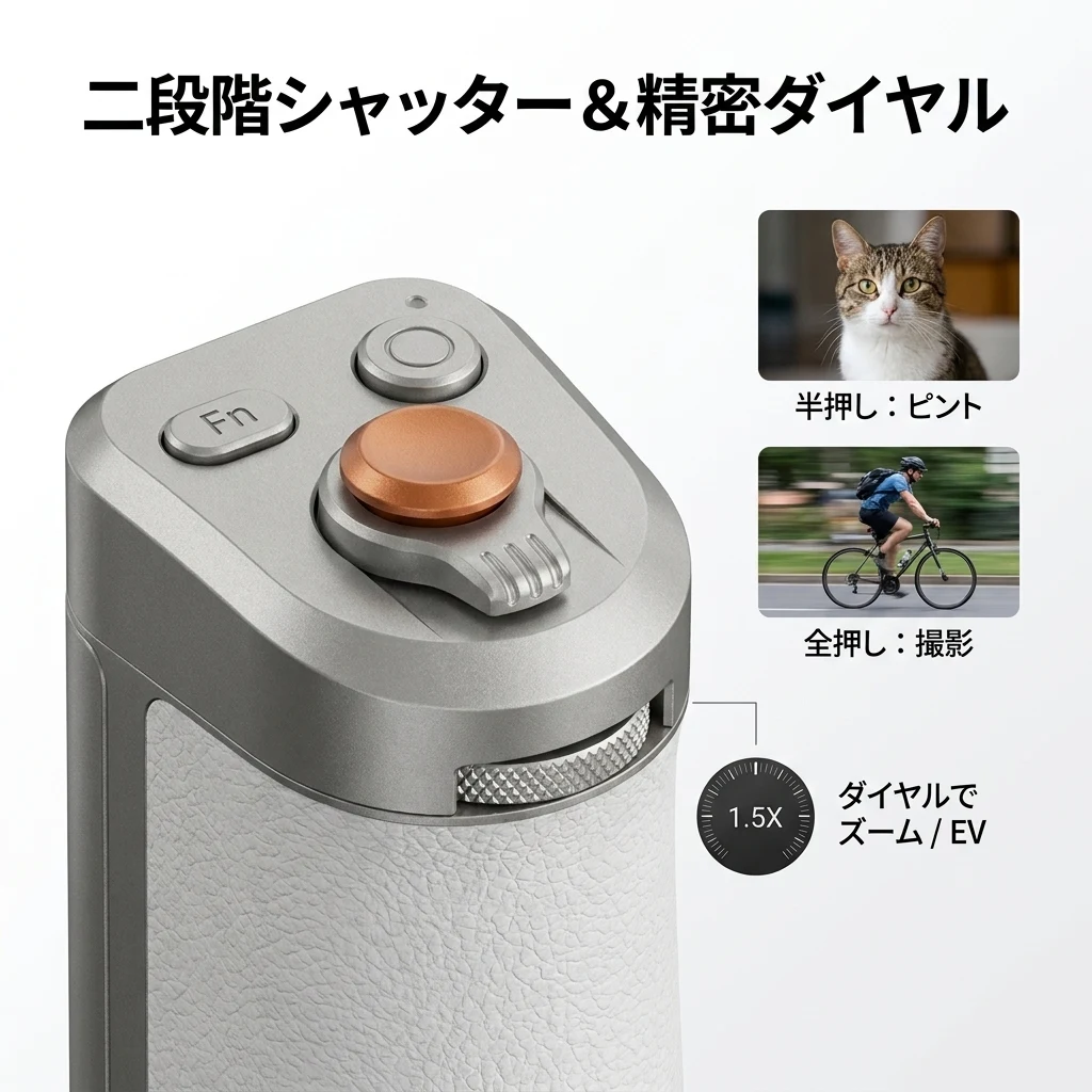 グリップ上部の二段階シャッターボタンと精密ダイヤルのアップ