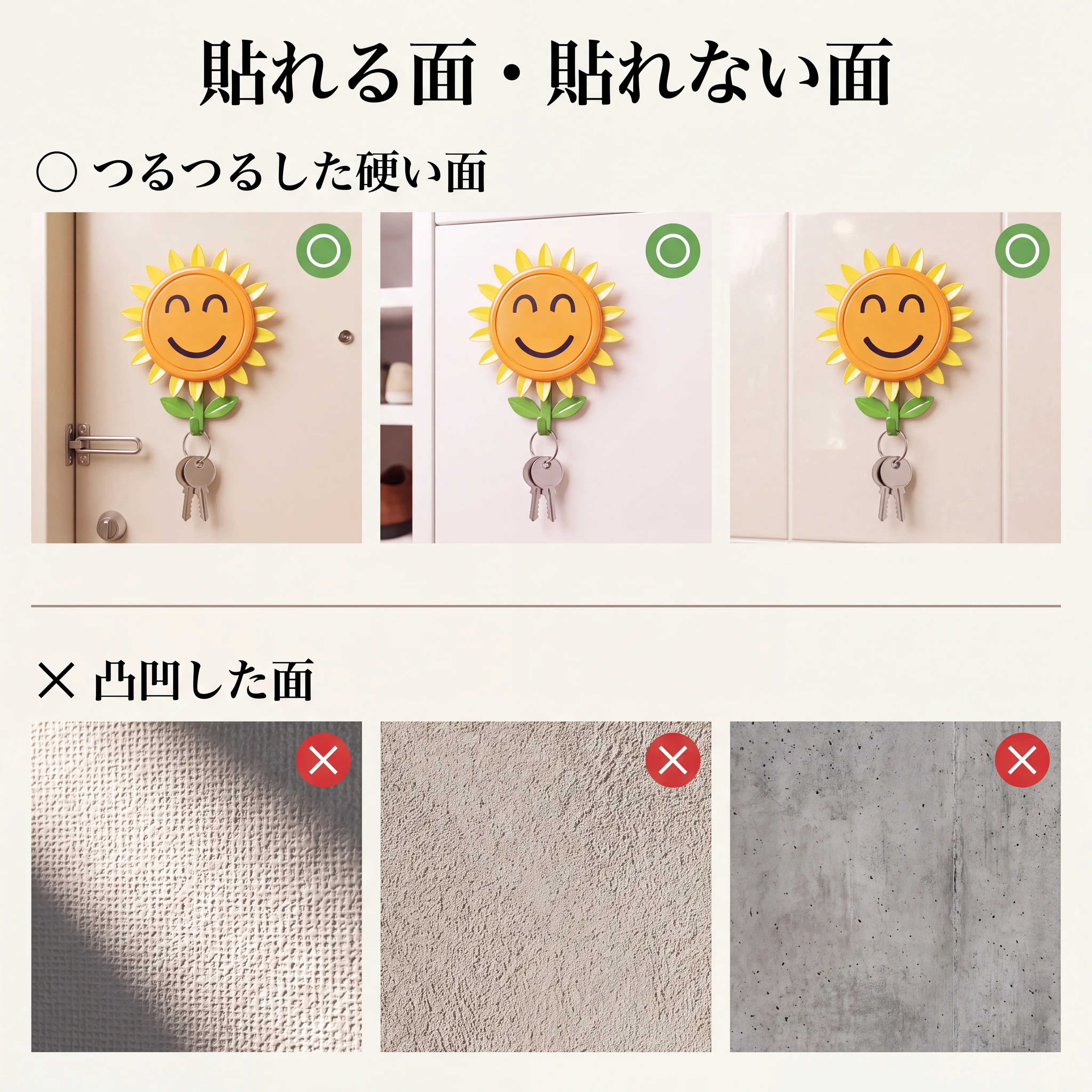 貼れる面と貼れない面の比較。凸凹した壁紙ではなく、つるつるした扉に貼る
