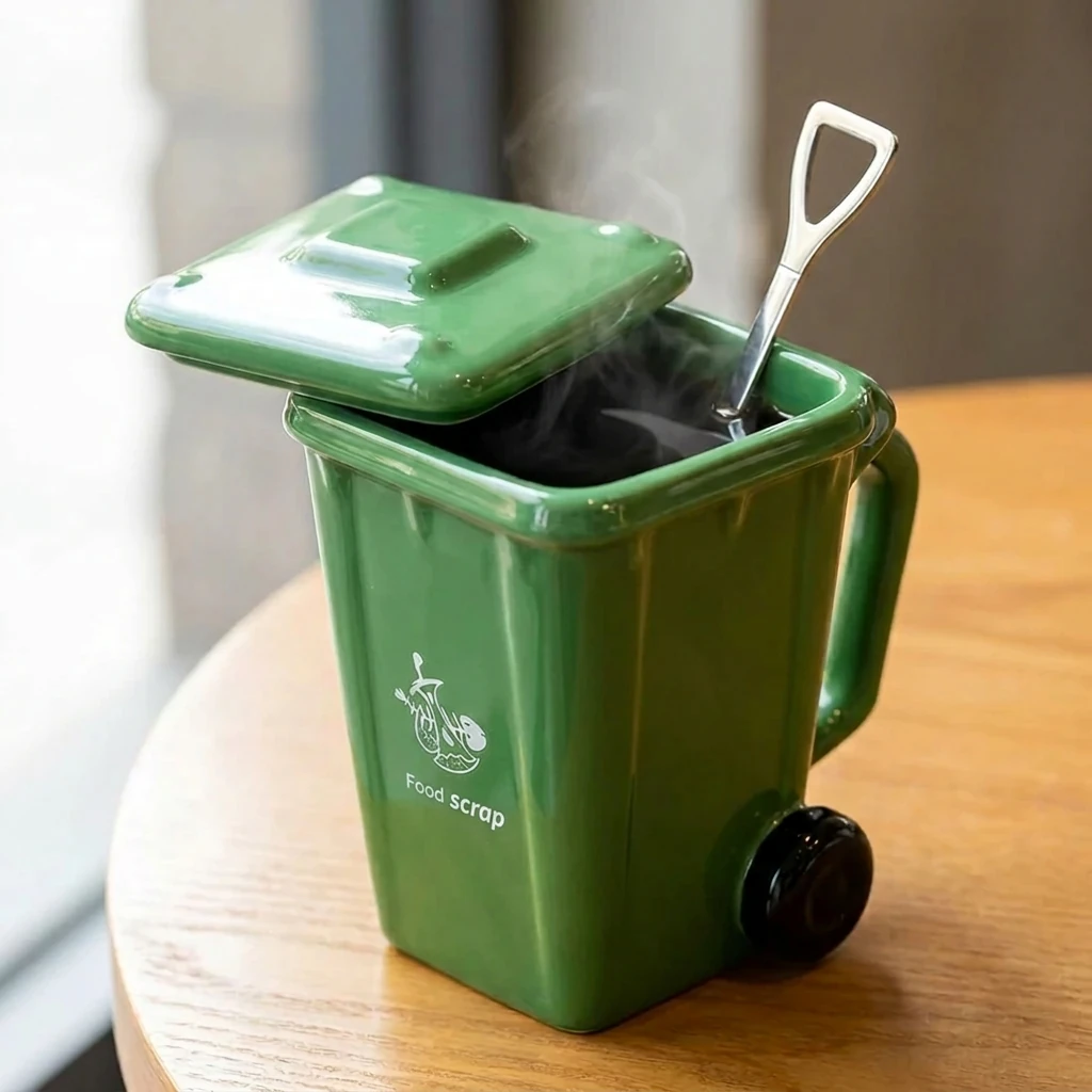 コーヒーを入れたゴミ箱型の陶器マグカップ、フタを少しずらした状態