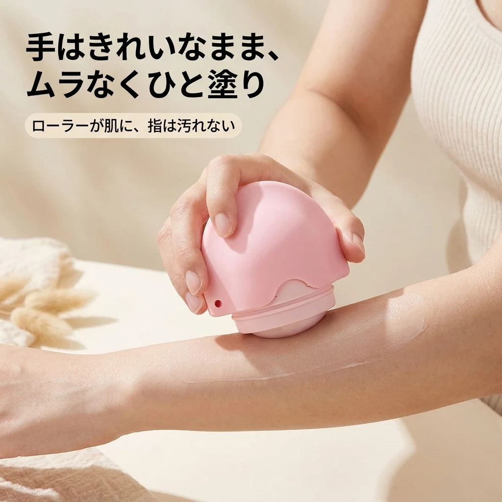 シリコンの本体を握って腕にころんと転がすアプリケーター