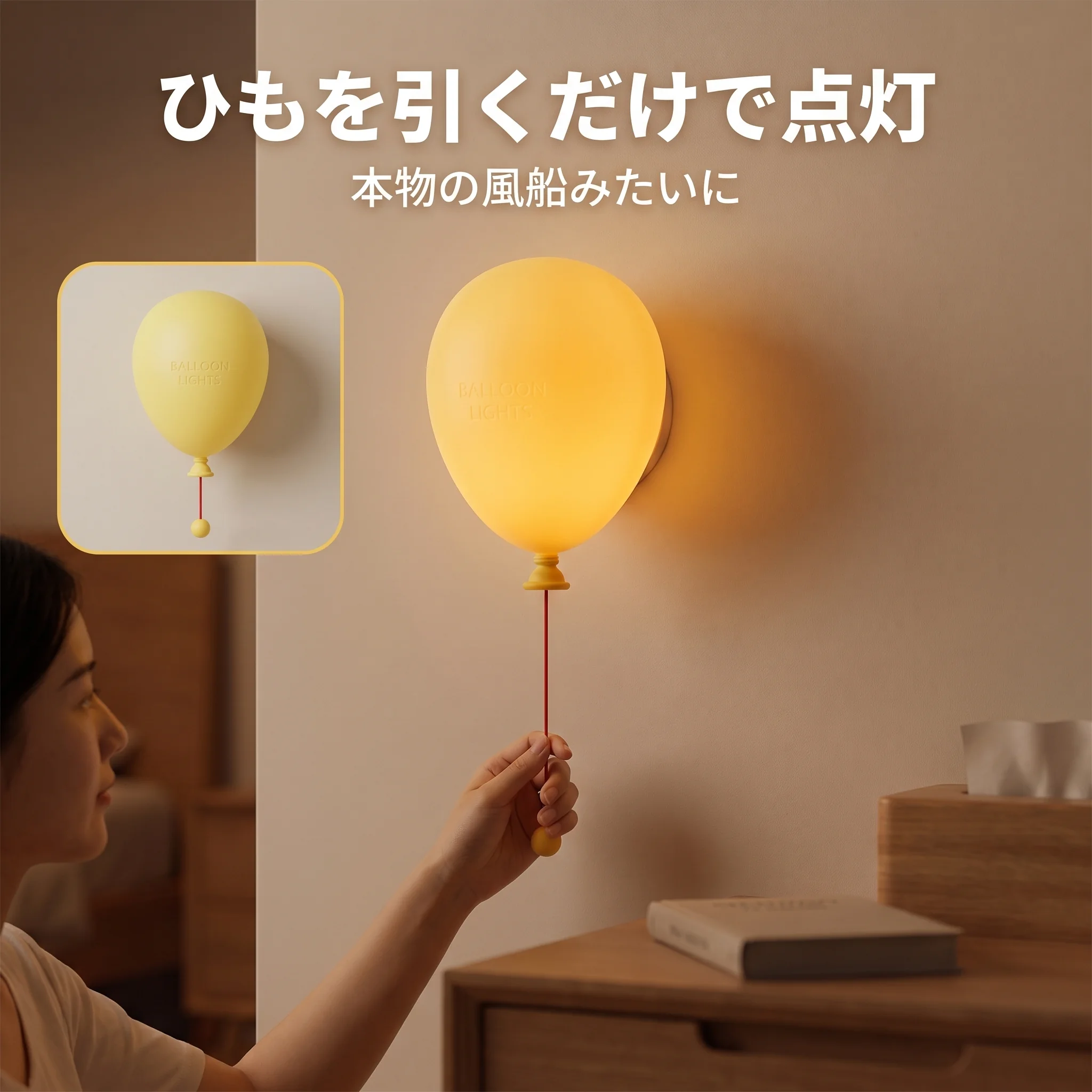 ひもを引いて点灯する気球ライト