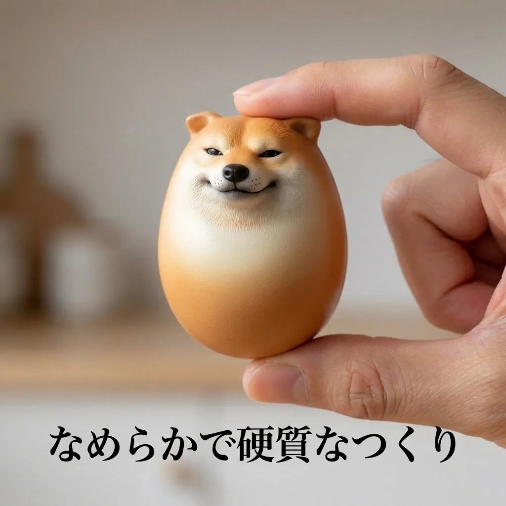 なめらかで硬質な仕上げの柴犬のたまごを指先で持ち、ツヤを見せる硬質フィギュア