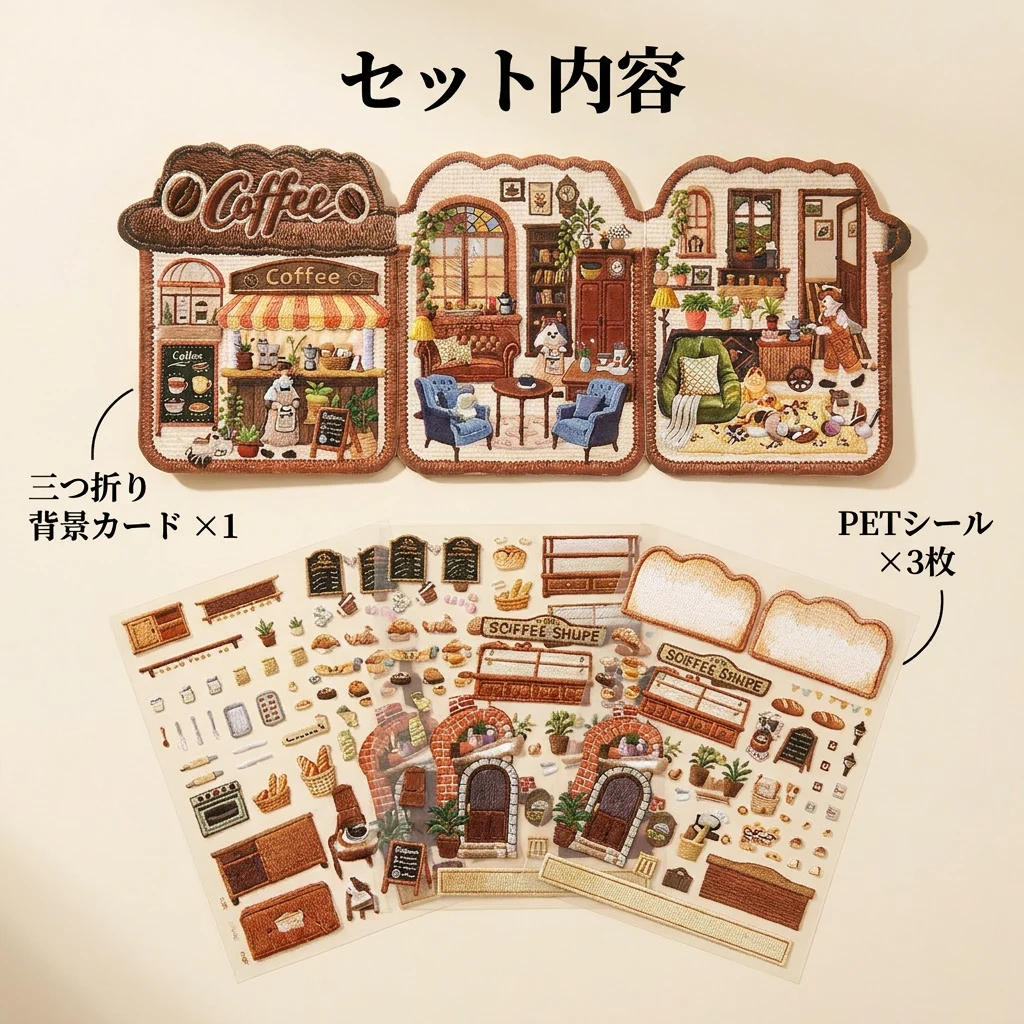 セット内容の分解カット。三つ折り背景カード1枚＋PETシール3枚を並べたフラットレイ