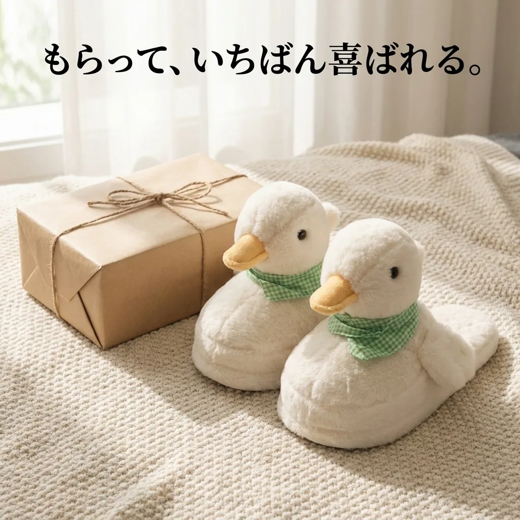 ギフトボックスと並べたホワイトのあひるスリッパ
