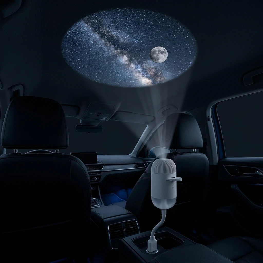 夜の車内。ルーフに星空と月が映し出された星空ライト