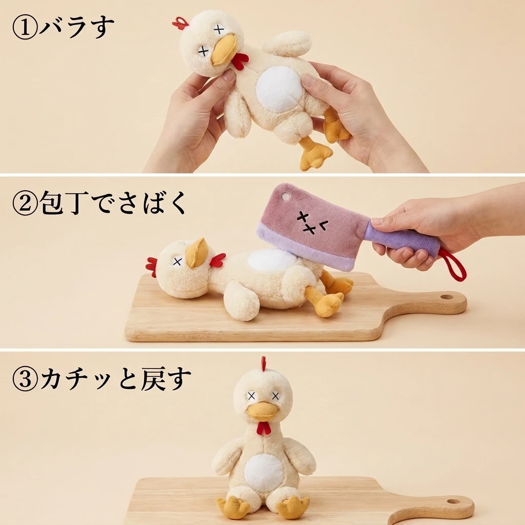 ①バラす ②包丁でさばく ③カチッと戻す