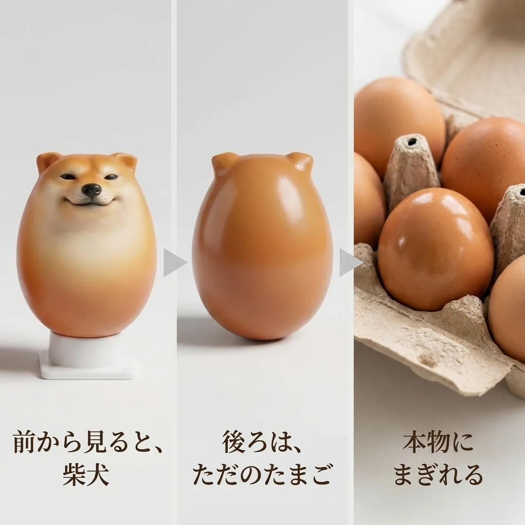 前は柴犬の顔、後ろはただのたまご、本物の卵にまぎれる３つの見え方の柴犬の硬質フィギュア