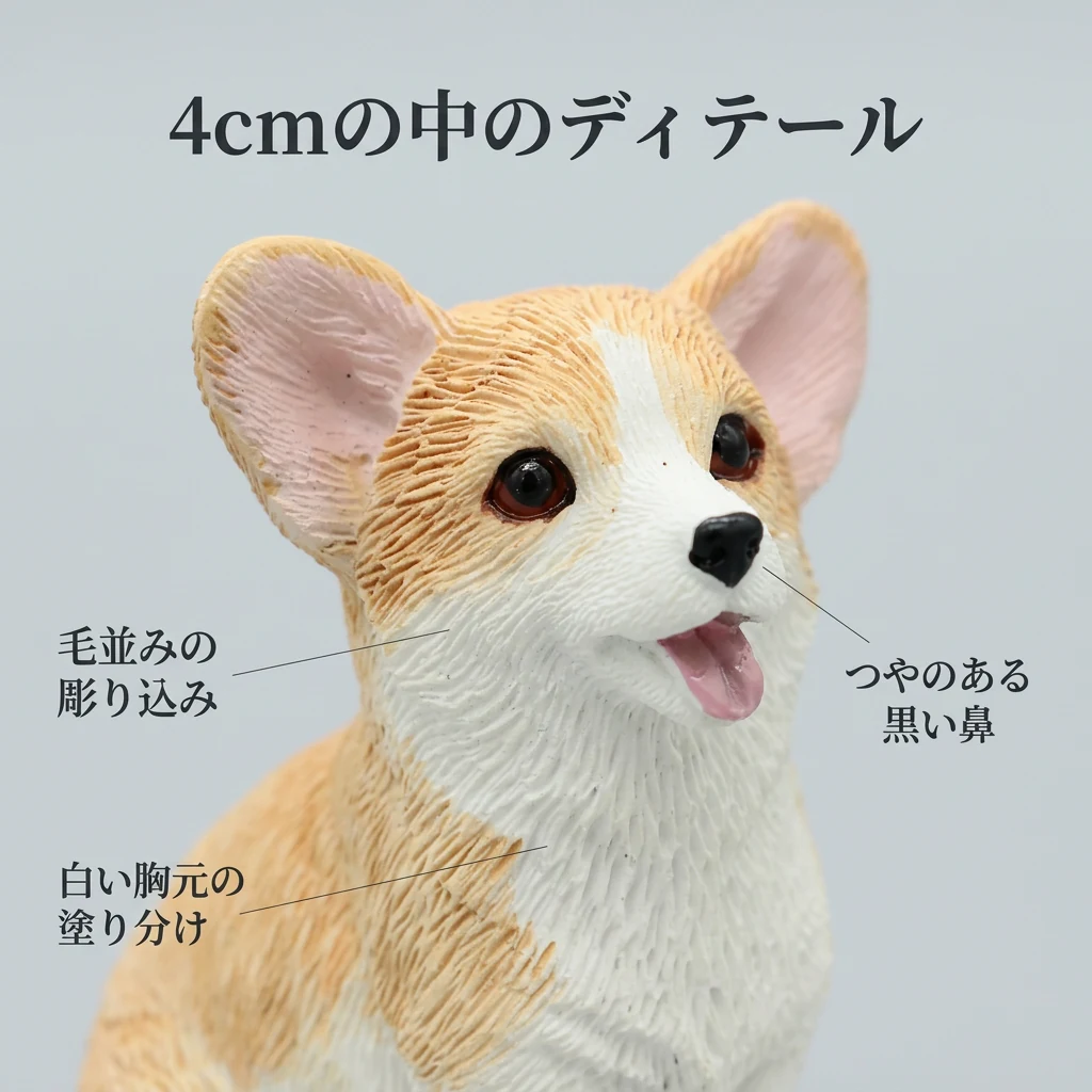 お座りポーズの顔まわりのマクロ。毛並みの彫り込み、白い胸元の塗り分け、つやのある黒い鼻