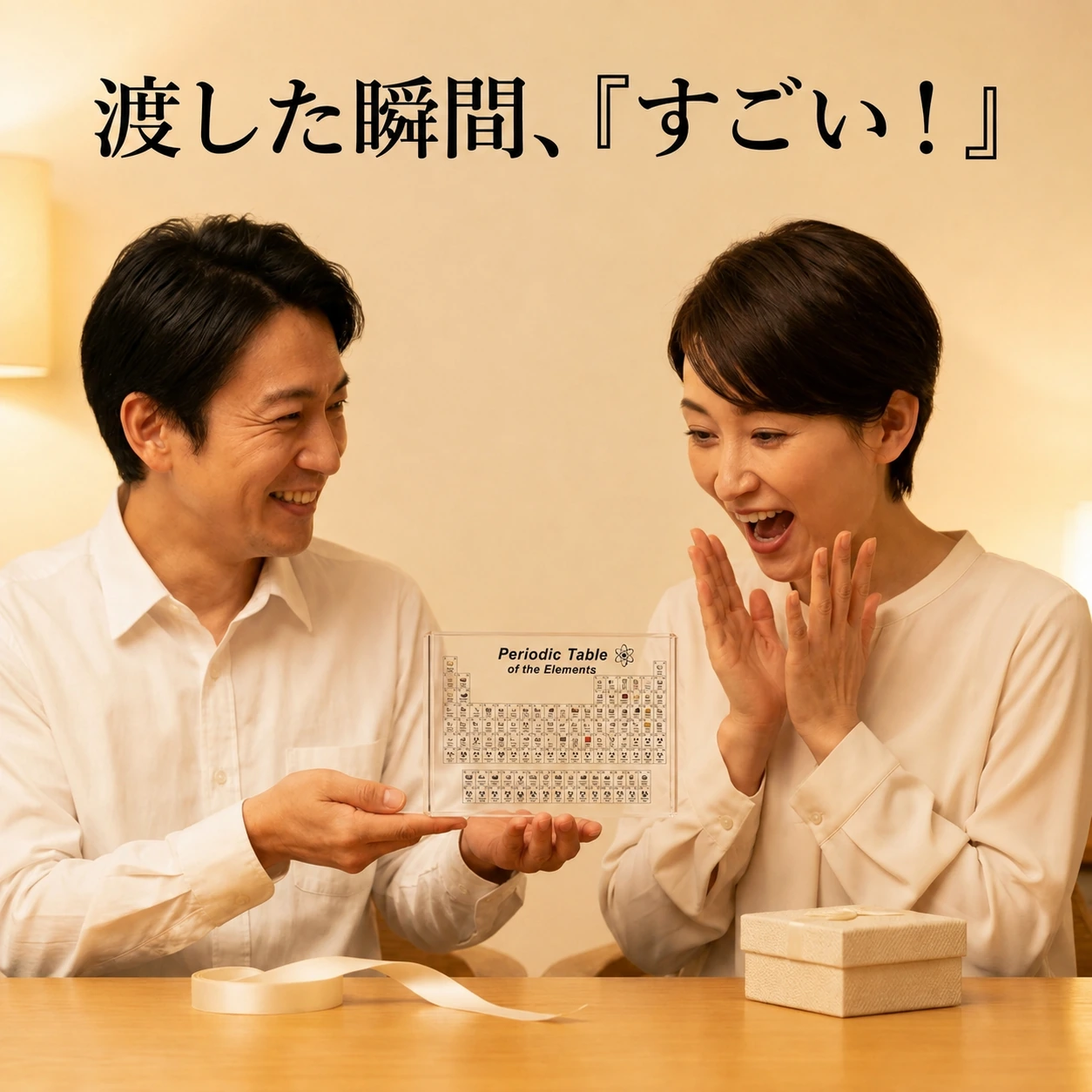 元素周期表ディスプレイをギフトとして手渡すシーン