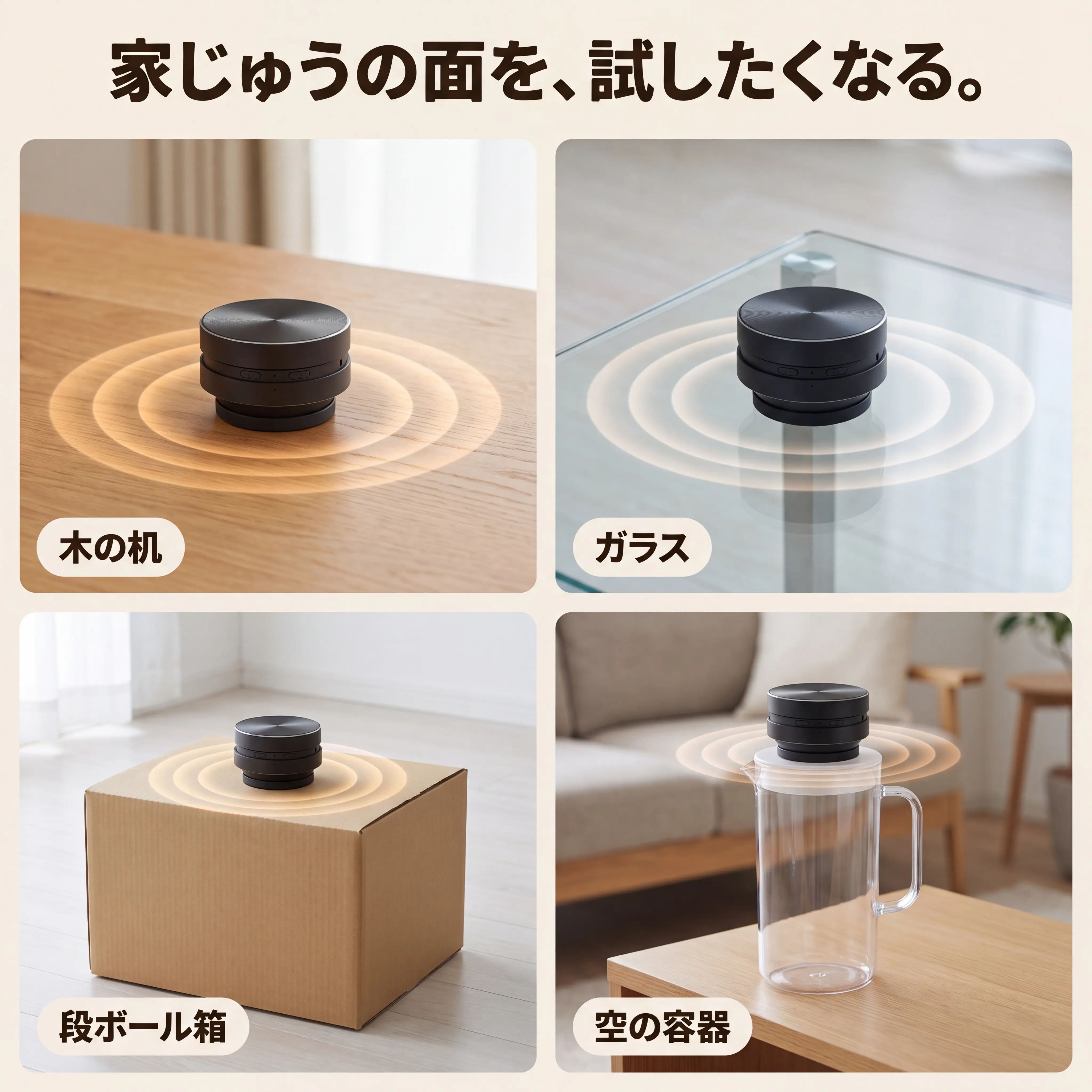 木の机・ガラス・空の容器・やわらかい面に置いたときの違いをまとめた図