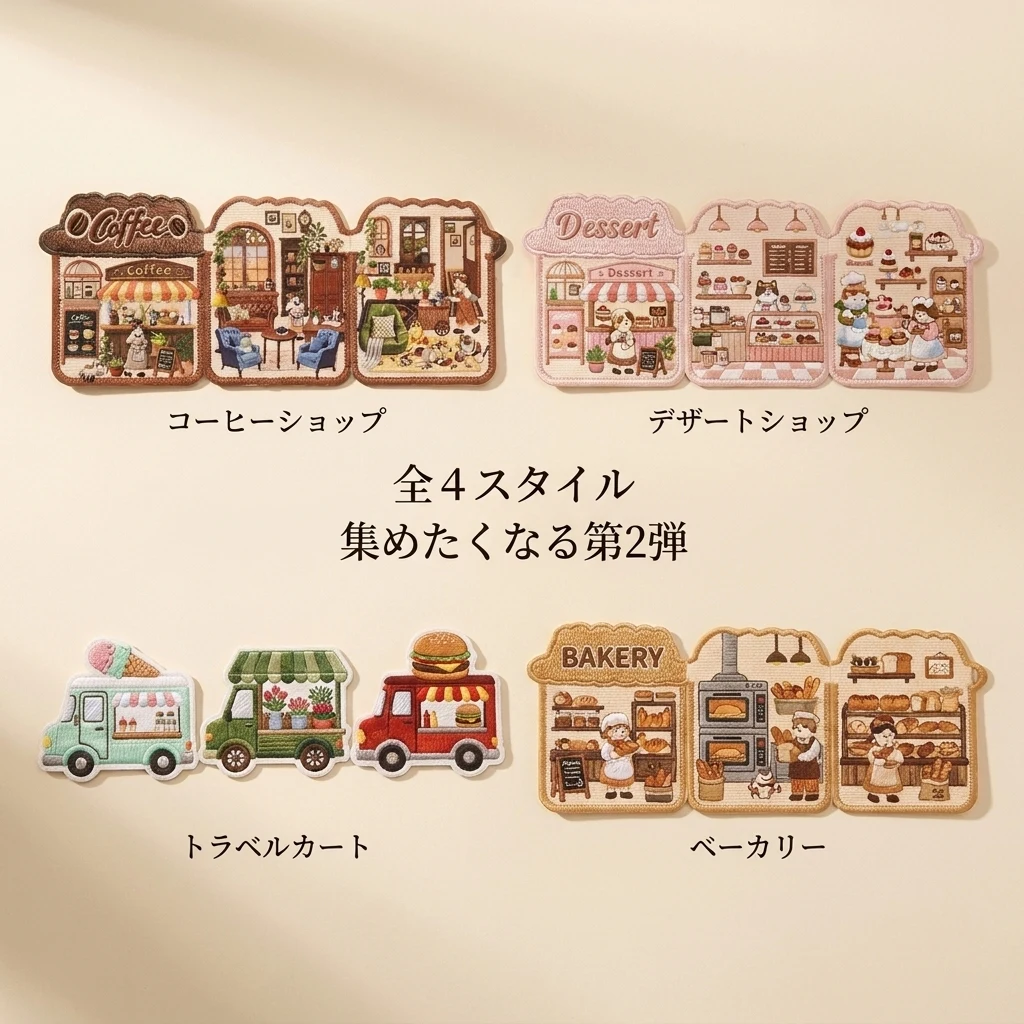 4スタイル（コーヒー／デザート／旅する商店車／ベーカリー）の完成シーンを俯瞰で並べたコレクションカット