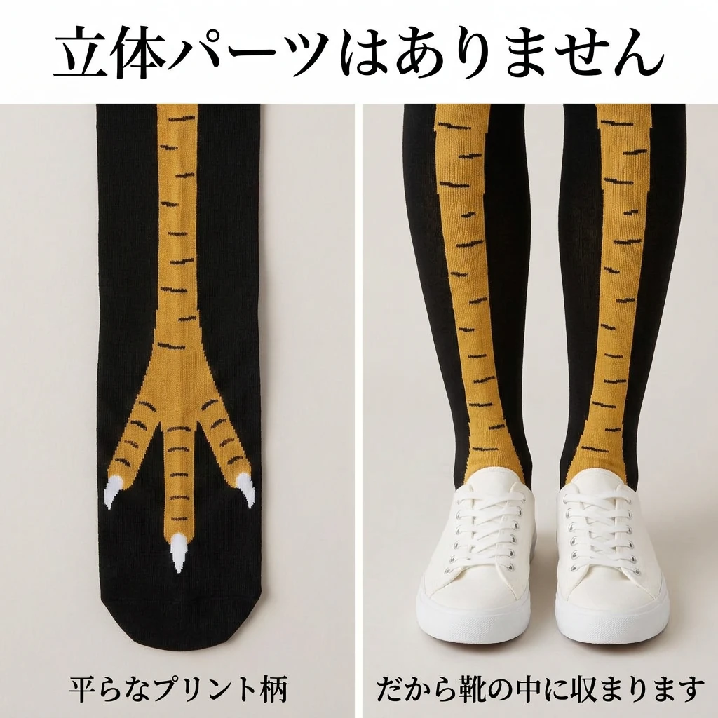 平らなプリント柄。靴のなかに収まります