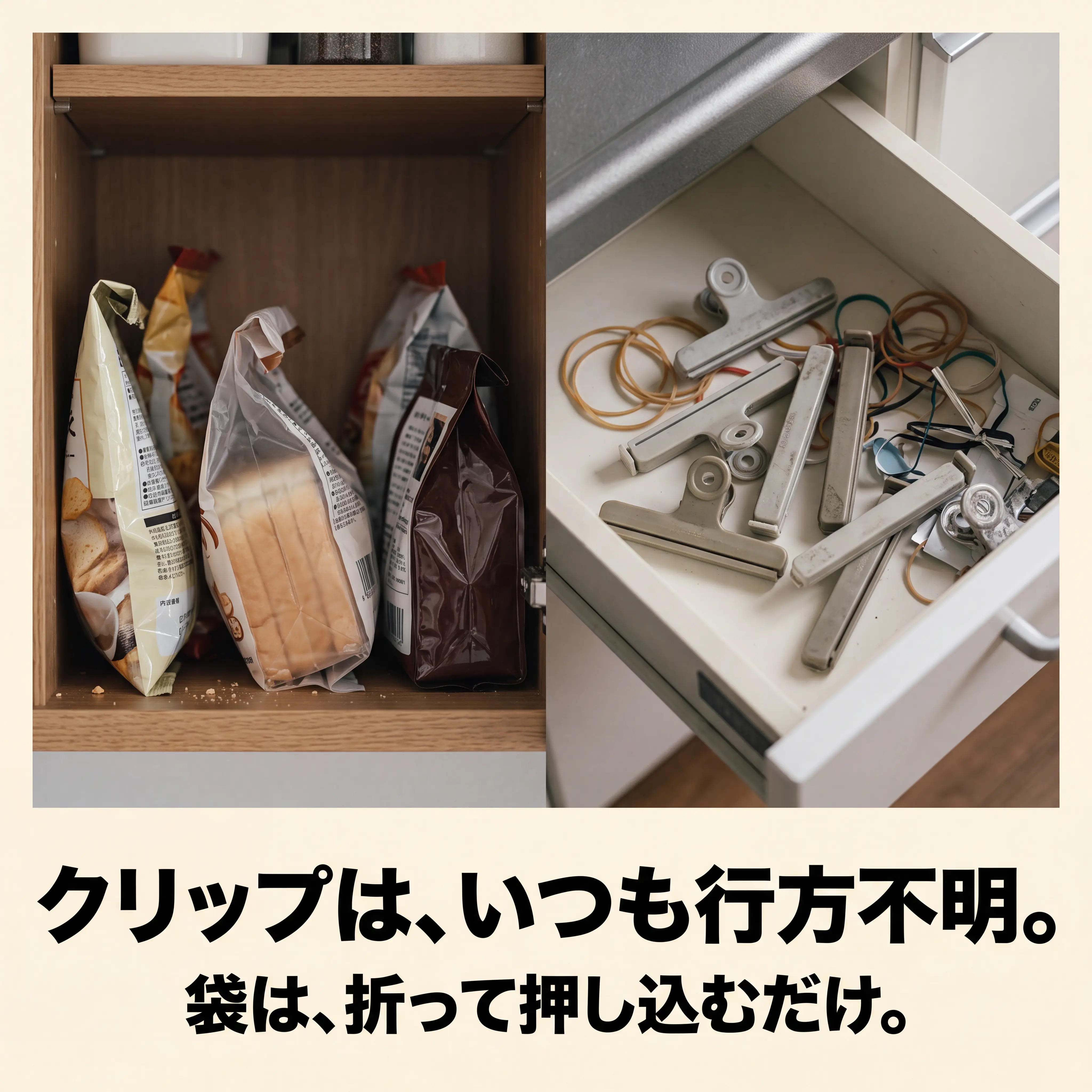 引き出しの中でバラバラになったクリップと、冷蔵庫に貼られたさくらマグネットクリップの比較