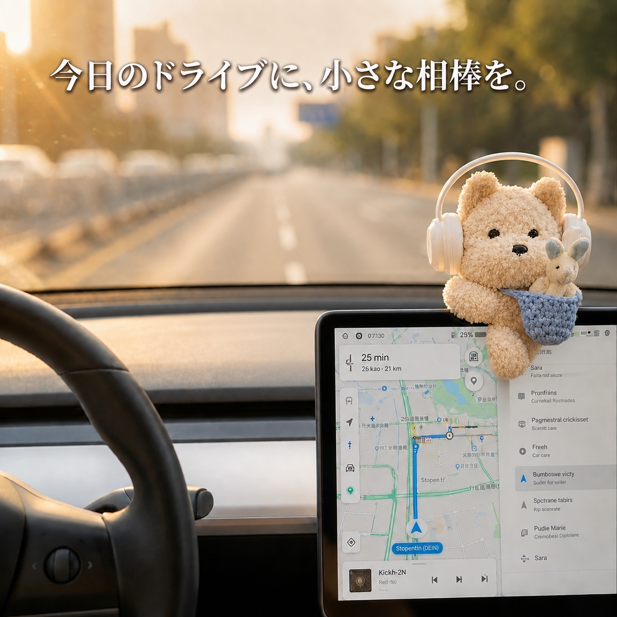 夕暮れのドライブでフチに座るヘッドホンベア
