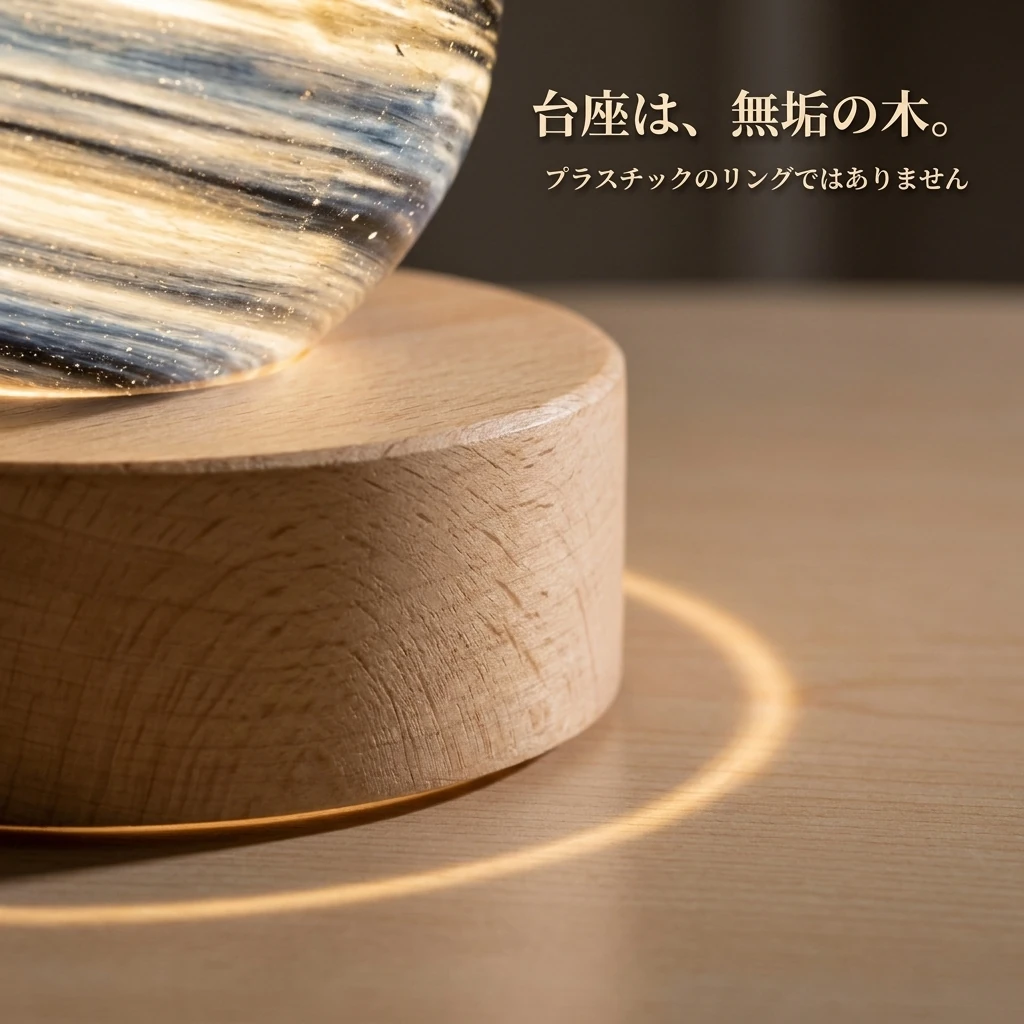 無垢の木の台座と、にじむ光