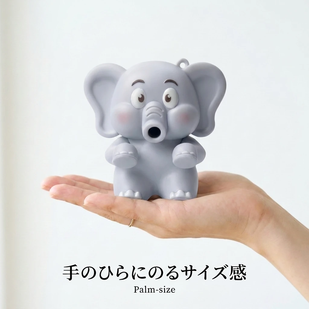 大人の手のひらにのせた動物さんのミニファンでサイズ感を示した様子