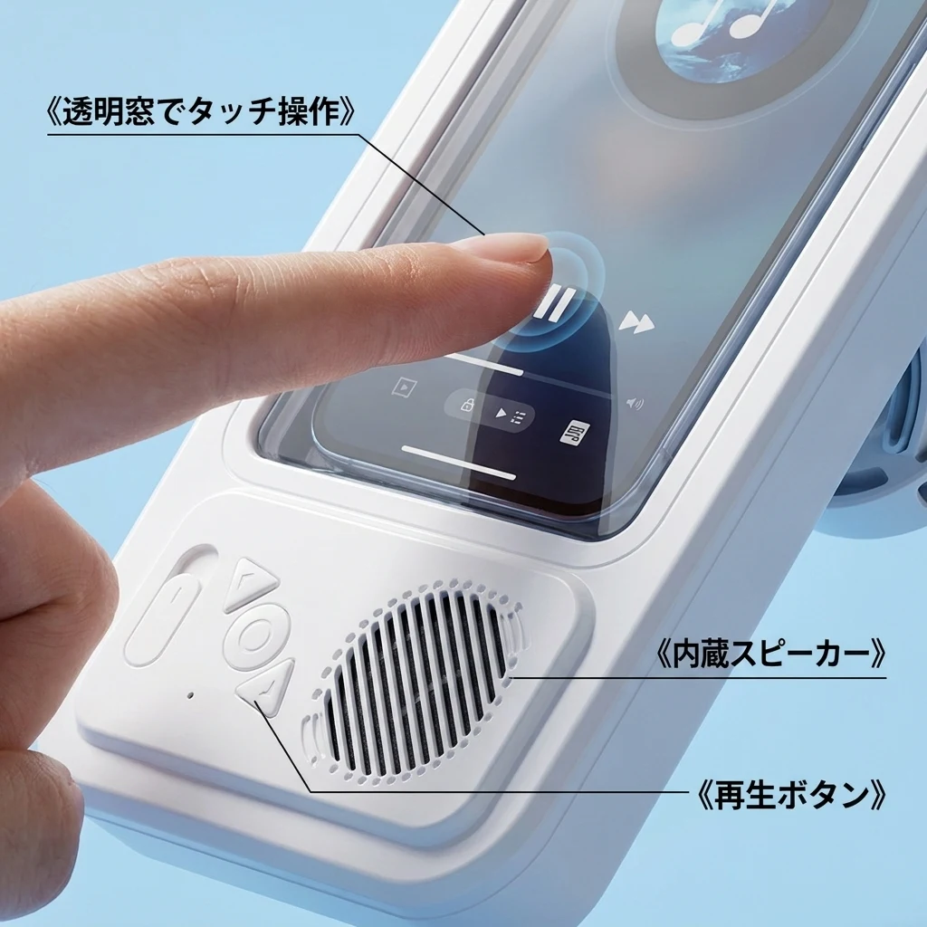 透明な窓ごしに画面をタッチ操作、本体下部の内蔵スピーカーと再生ボタン