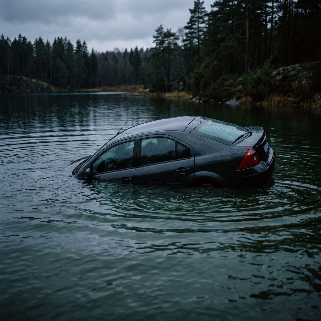 A car half-submerged in floodwater