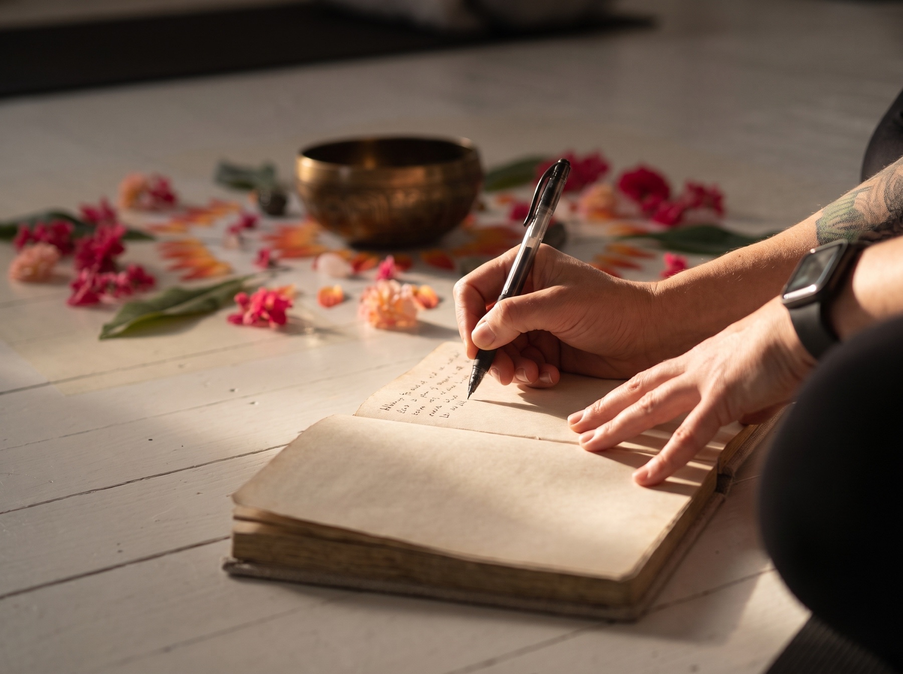Hands writing intentions in a journal beside a Tibetan bowl and petals