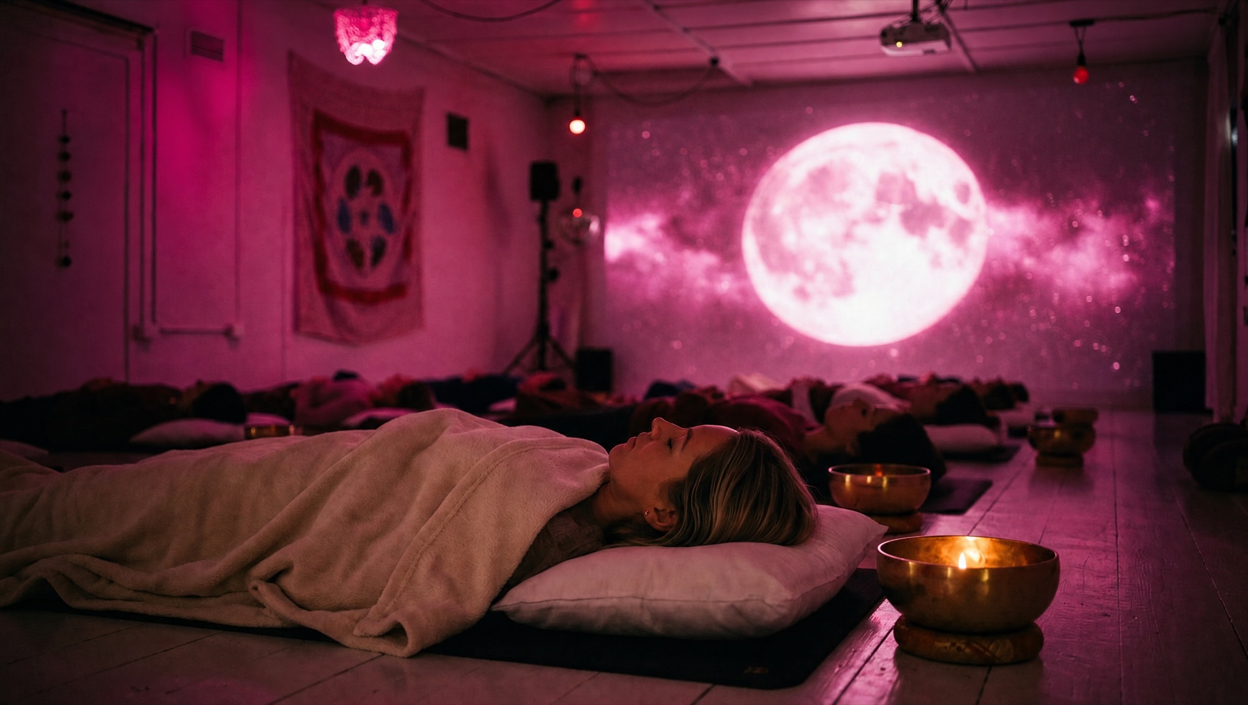 A full moon sound bath in Melbourne, a room of people lying down under blankets beneath a full moon