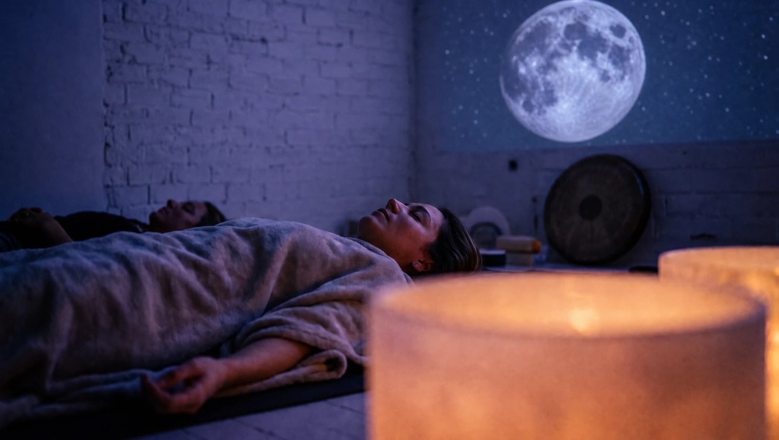 People resting under blankets beneath a projected full moon during a moon sound bath at Sound of Soma, Windsor Melbourne